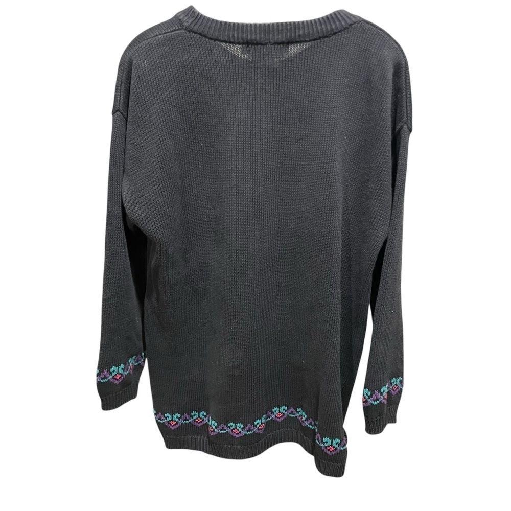 Vintage Cotton Black Sweater with Needle Point Floral Accents Medium 90s - Picture 4 of 8